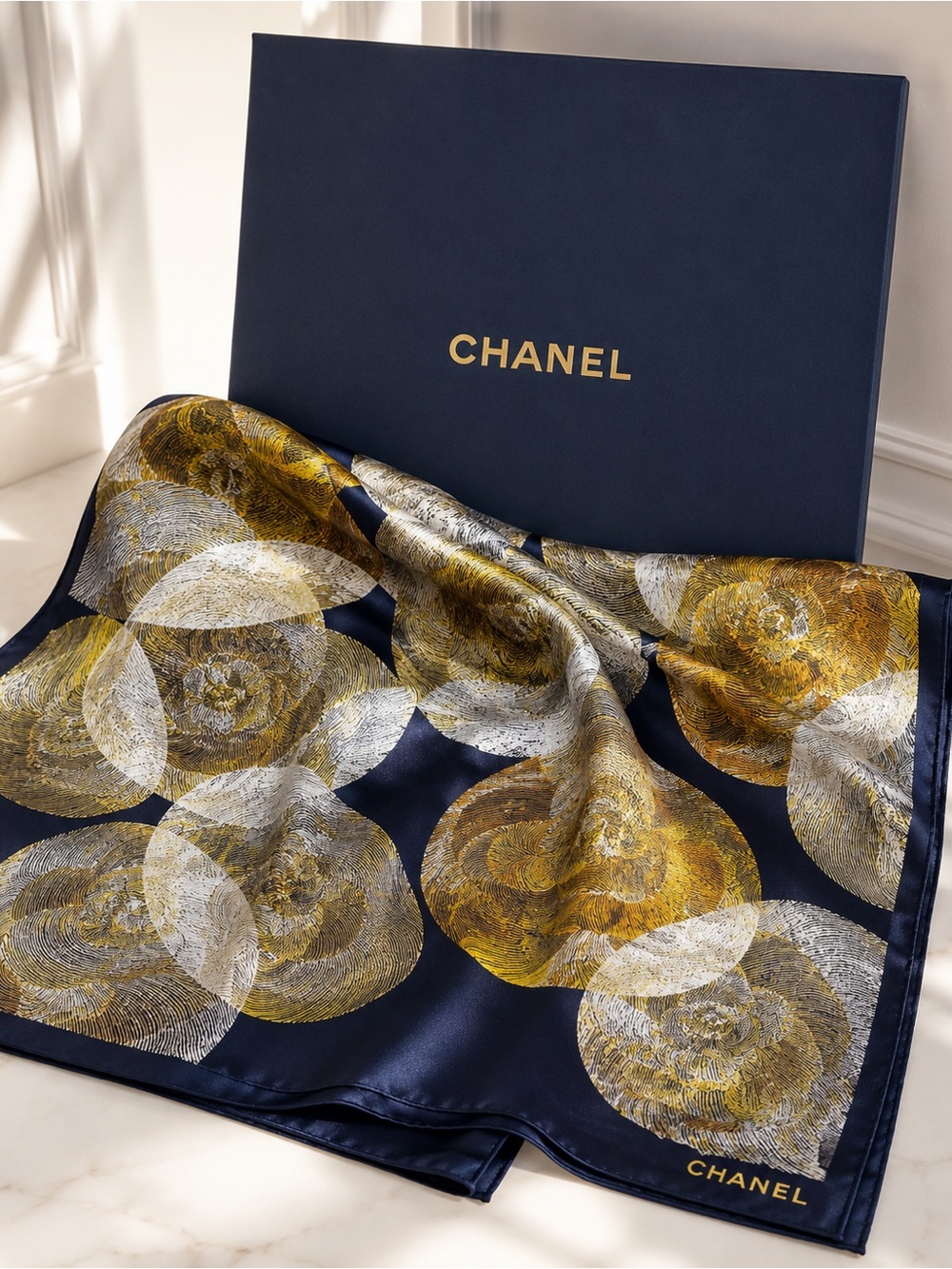 CHANEL Moon 2025 Silk Scarf 90 Navy Gold Camellia Made in France Box & COA